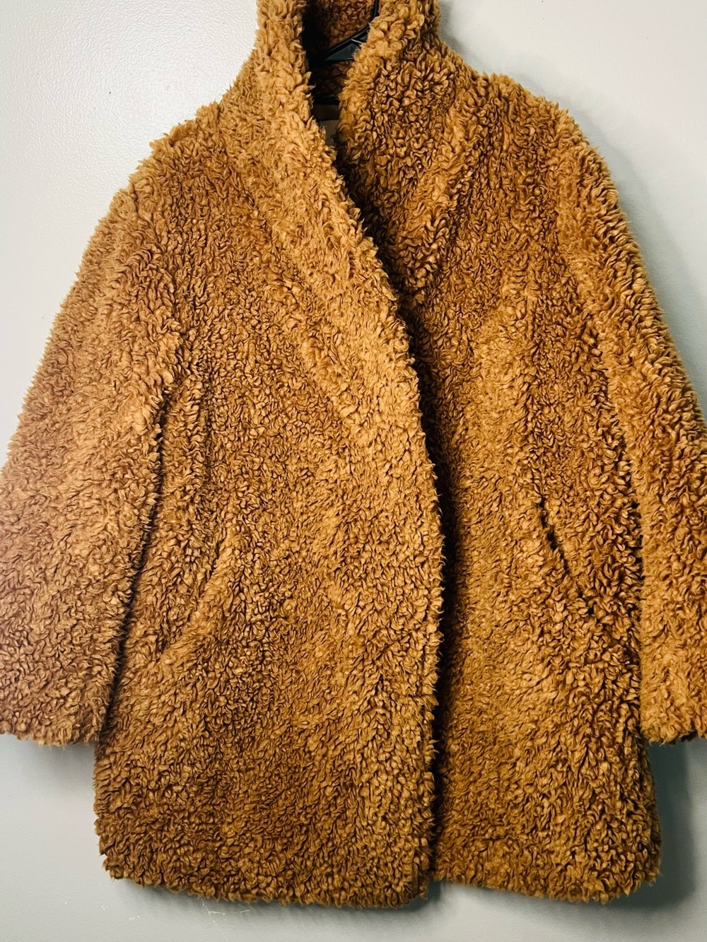 H&M Women’s Teddy Coat Brown XS Open Front Lined Collared Mid-Length